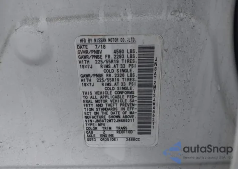 2018 Nissan Rogue Sl z USA, uszkodzony, nr VIN JN8AT2MT2JW489211